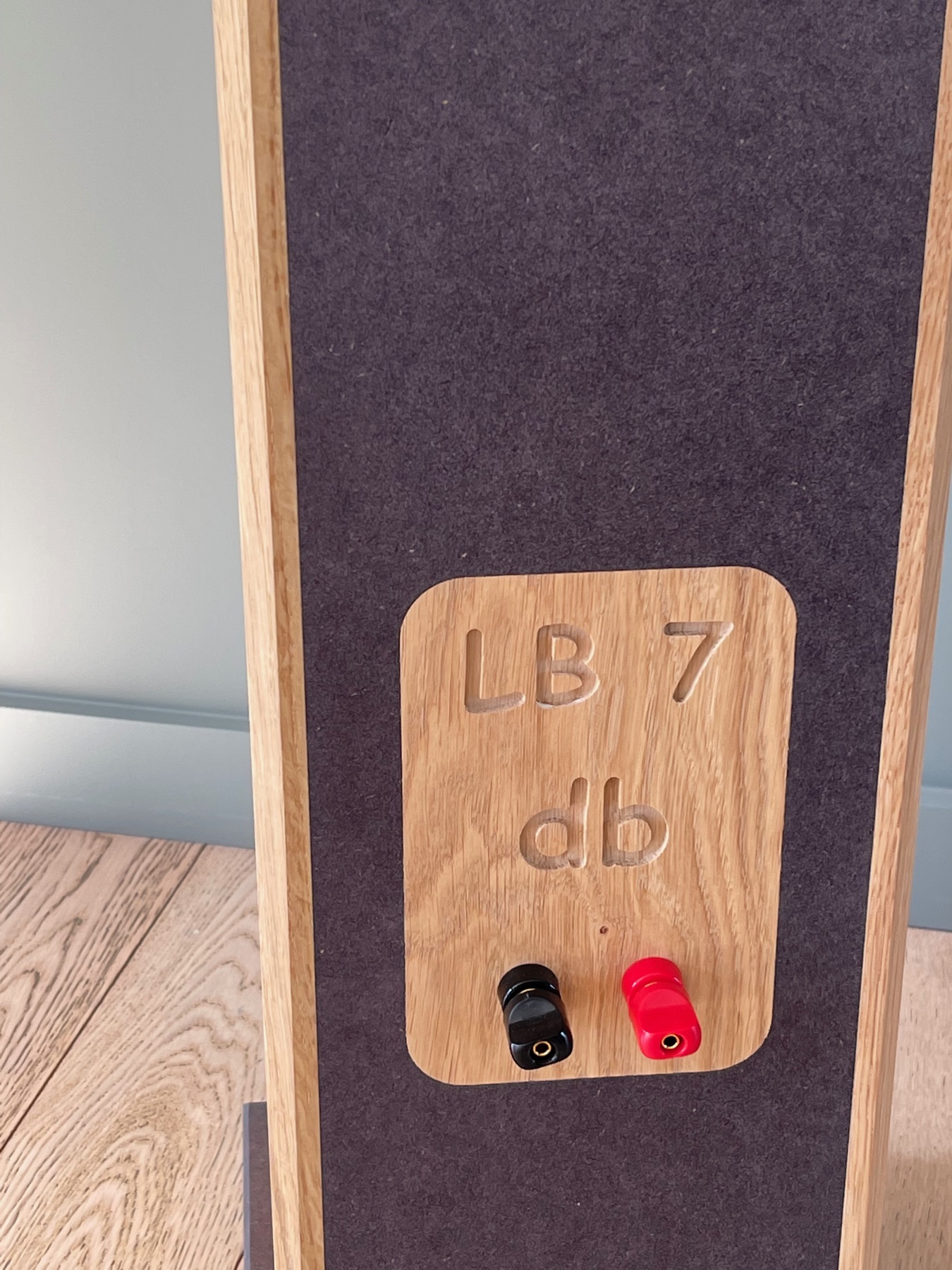 Plaque arrière en chêne gravée LB 7 db, avec bornes de connexion rouge et noire